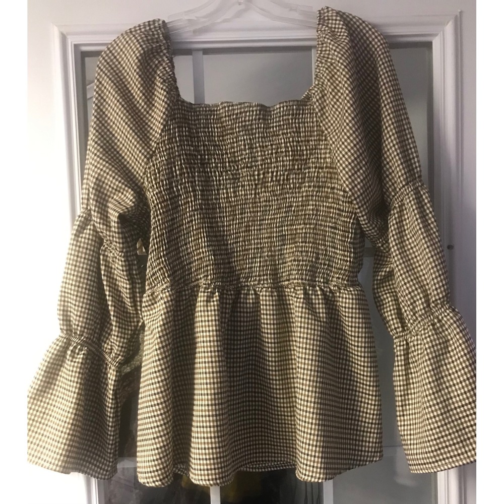 HAYDEN LOS ANGELES Gingham Smocked Peplum Top Square Neck Bell‎ Sleeve Size L